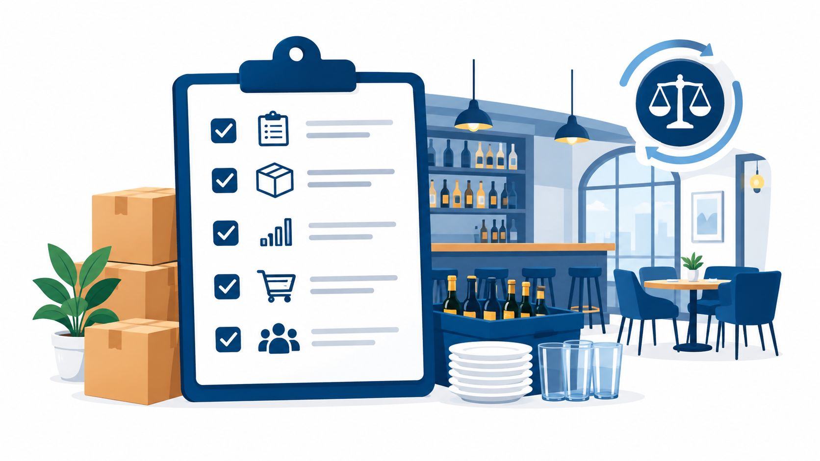 A clipboard with a checklist standing in front of a restaurant scene with inventory and dining furniture.