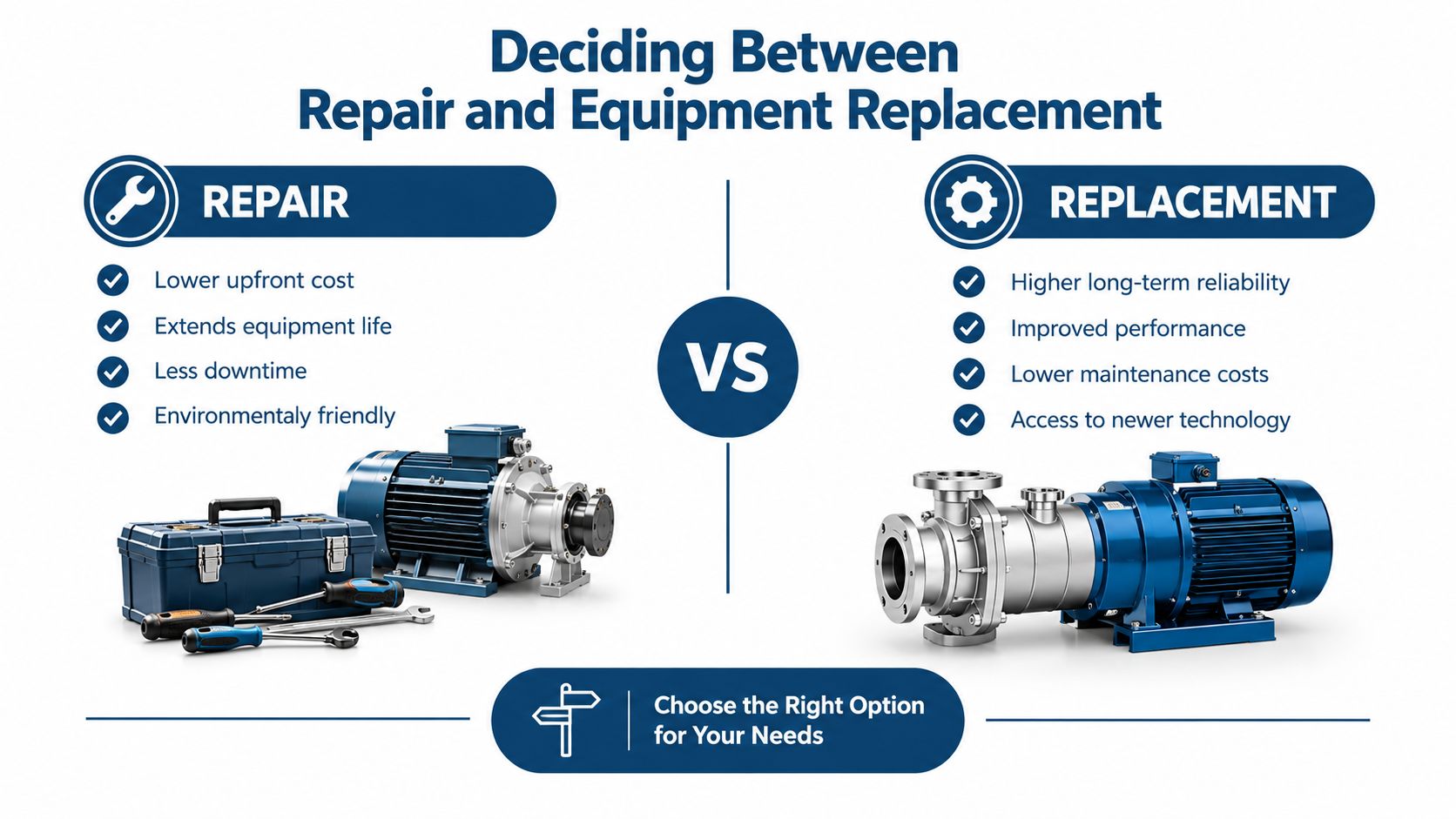 A professional infographic comparing the benefits of equipment repair versus new equipment replacement for industrial machinery.