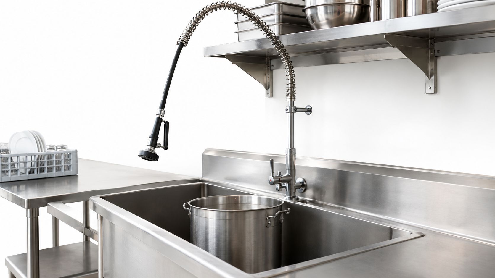 A professional industrial kitchen sink with a tall spray faucet and large stainless steel pot basin.