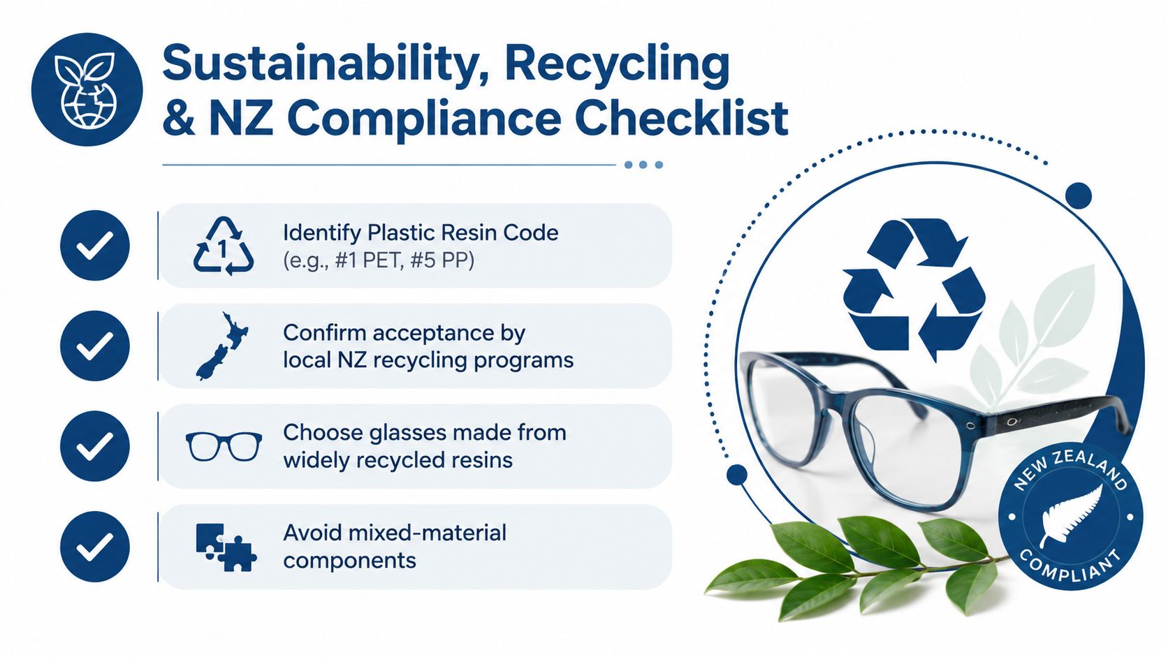 An infographic titled Sustainability, Recycling & NZ Compliance Checklist showing tips for eco-friendly eyewear selection in New Zealand.