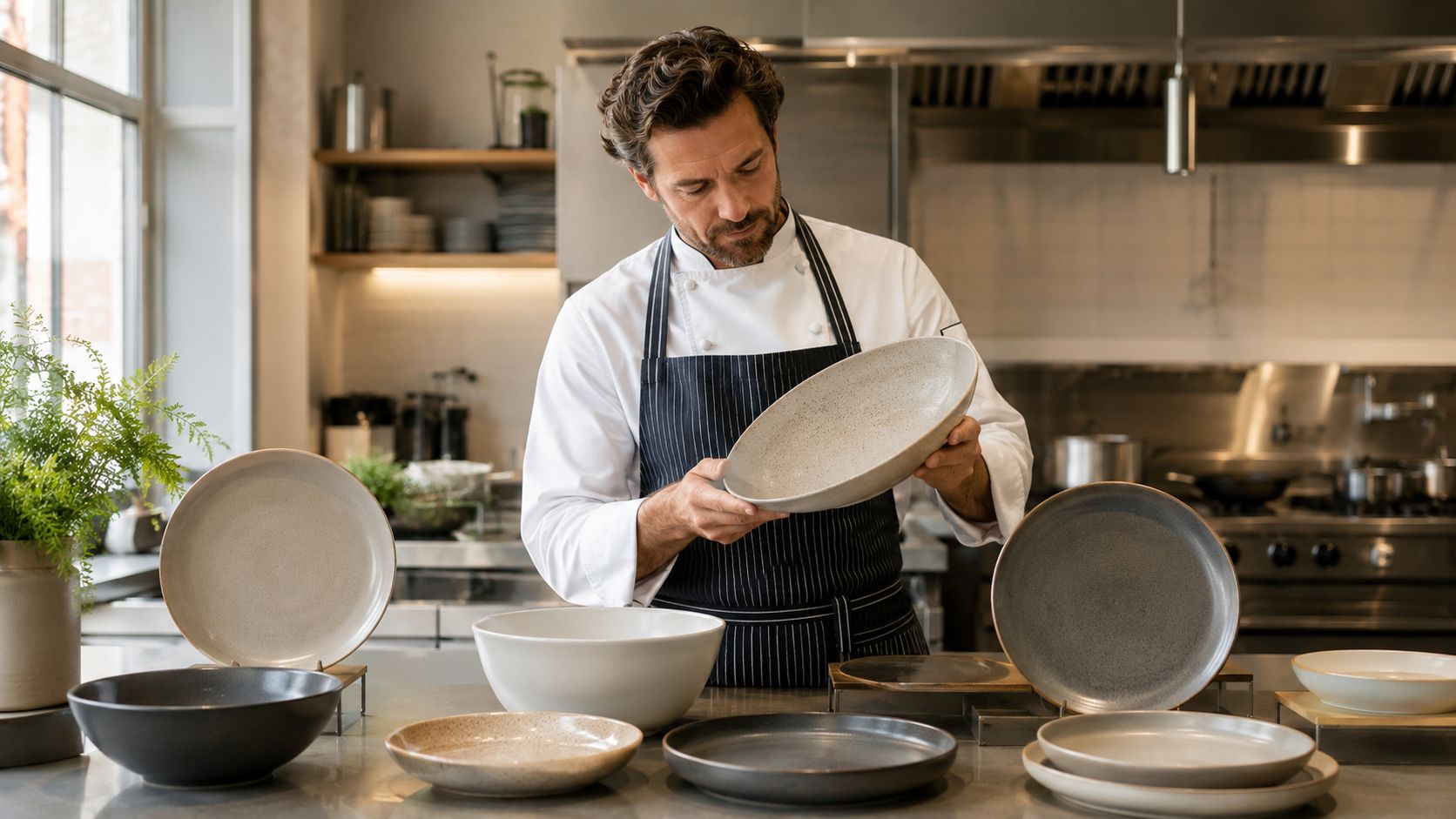A professional chef inspecting a ceramic bowl in a modern restaurant kitchen surrounded by various dishes.