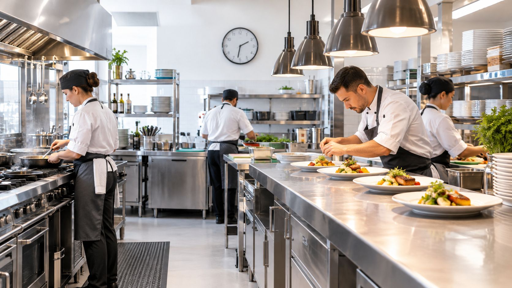 A professional kitchen staff working together, carefully plating gourmet dishes on a clean stainless steel counter.