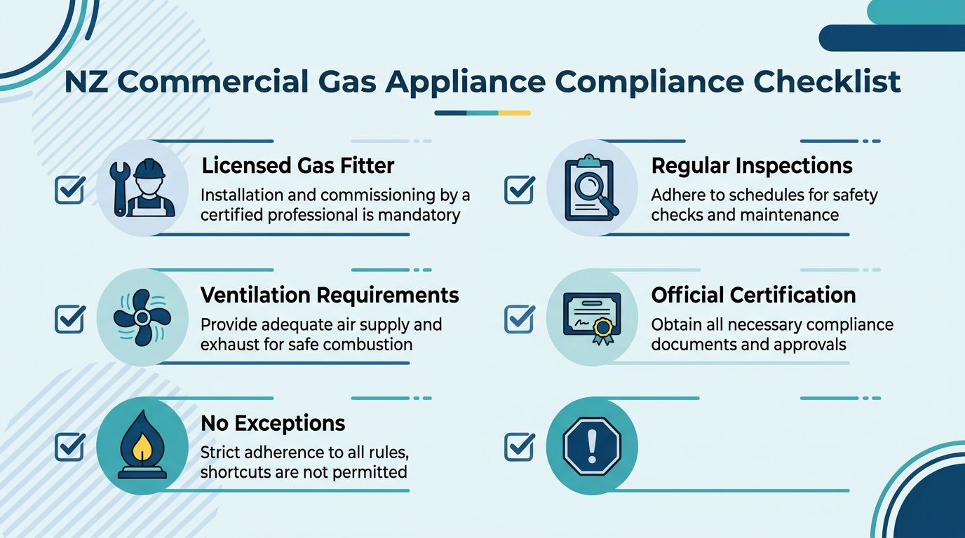 An infographic detailing the mandatory compliance checklist for commercial gas appliances in New Zealand, featuring six safety icons.