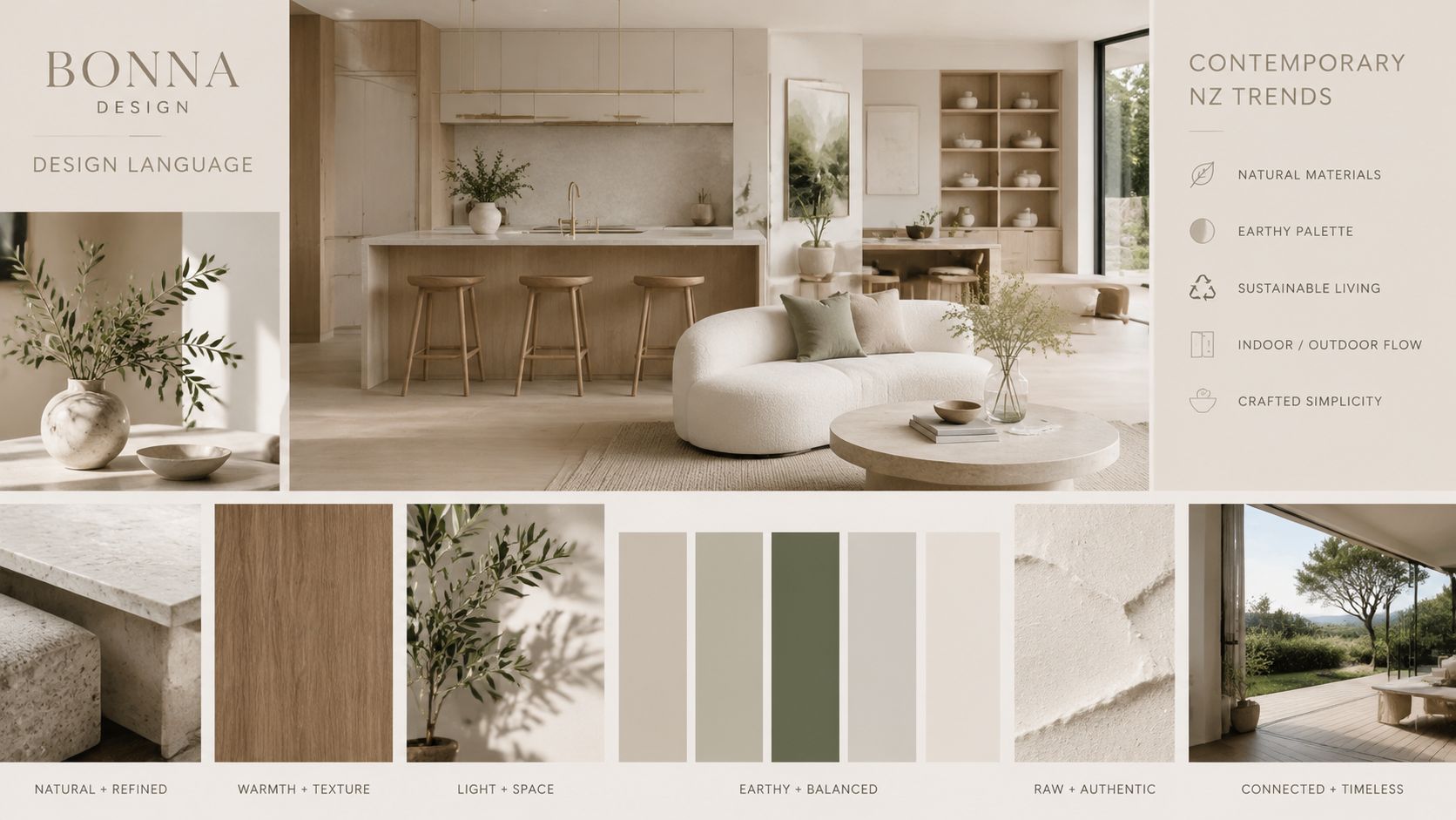 A sophisticated mood board showcasing a modern kitchen interior, natural color palette, and minimalist New Zealand design elements.