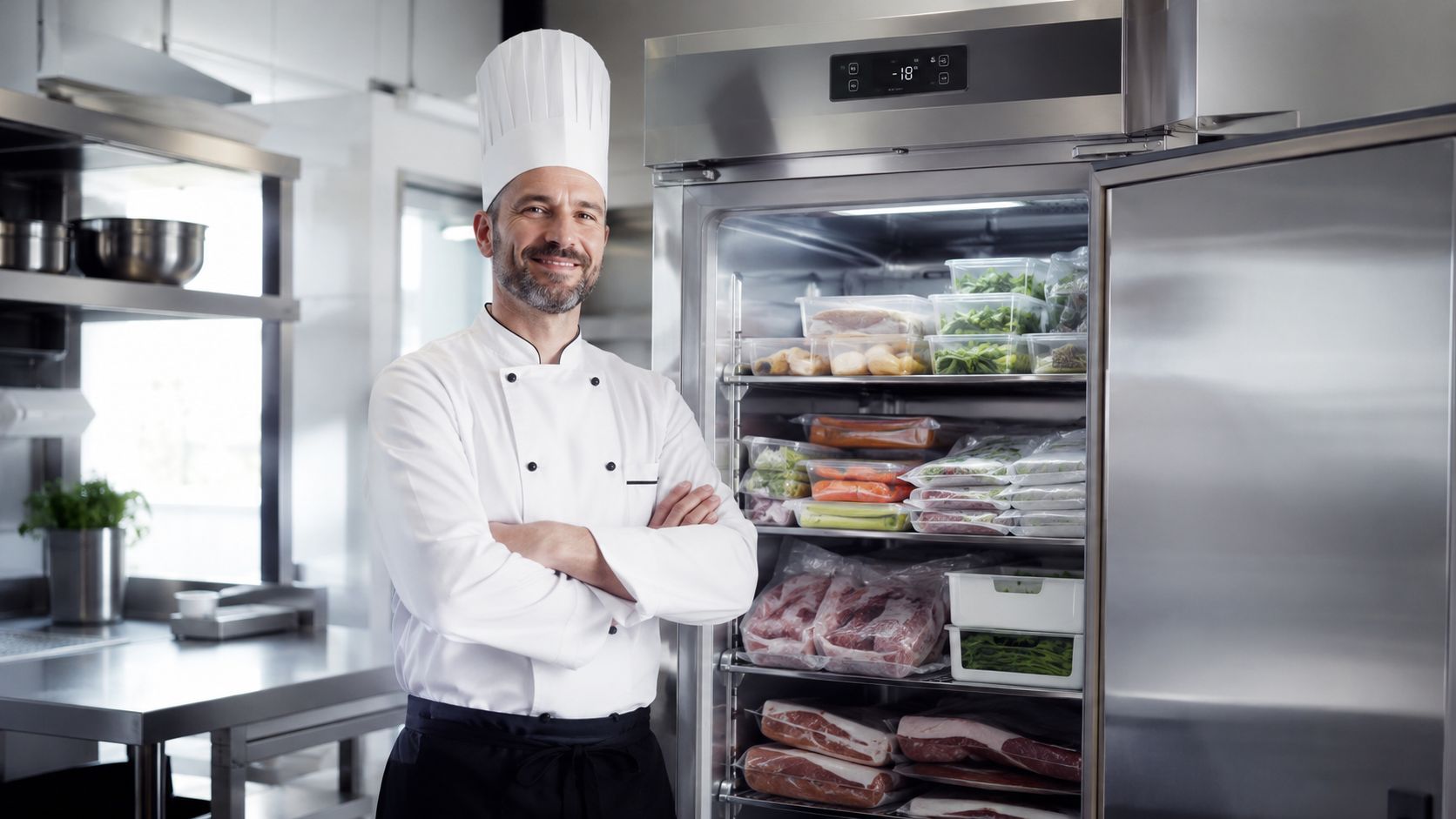 A professional chef standing with arms crossed next to a large, well-stocked industrial commercial freezer.