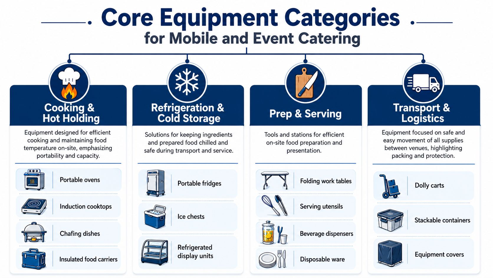 An infographic showing four core equipment categories for mobile and event catering services and their examples.