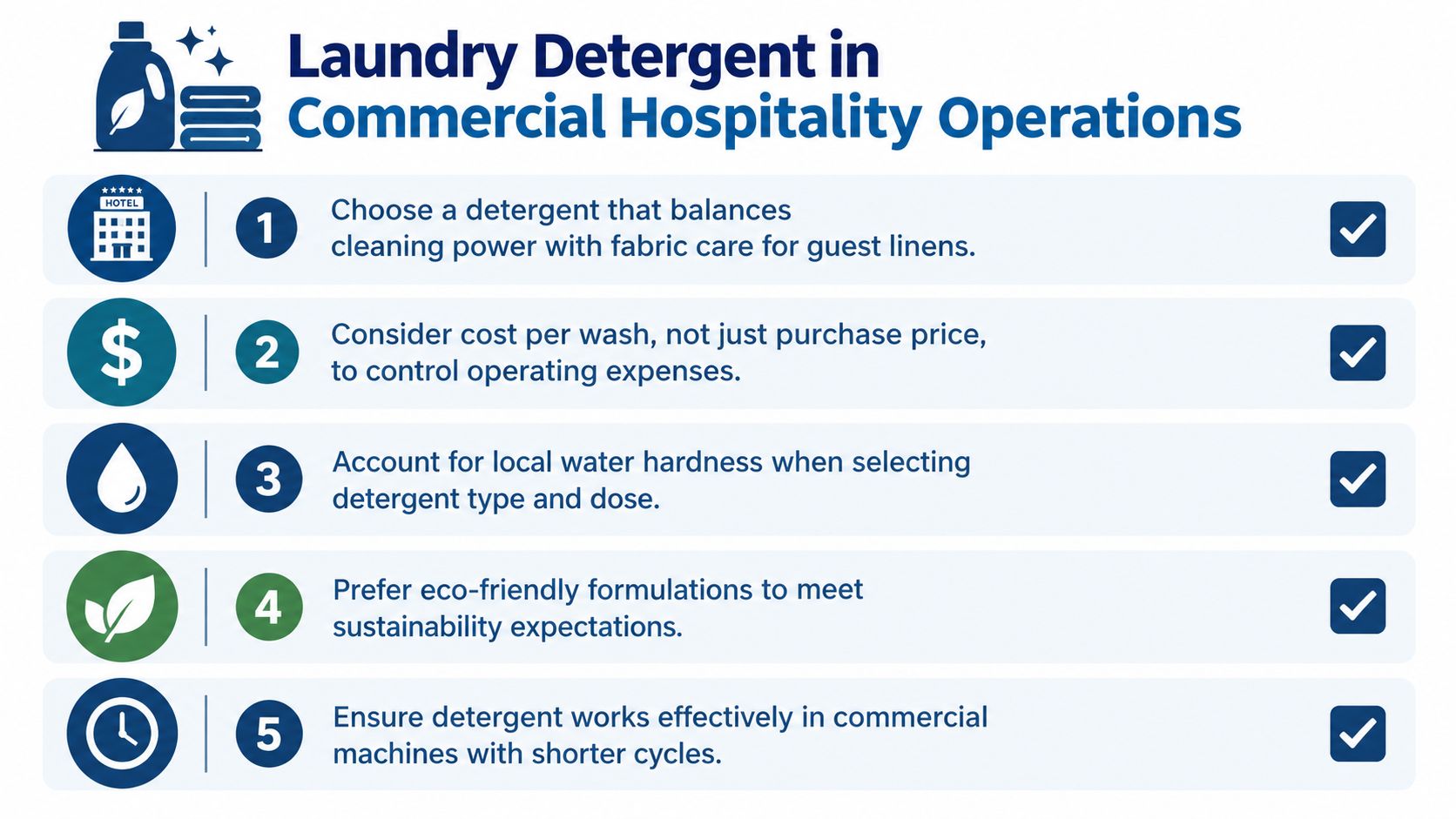 A five-point infographic detailing key considerations for selecting commercial laundry detergent in hospitality operations.