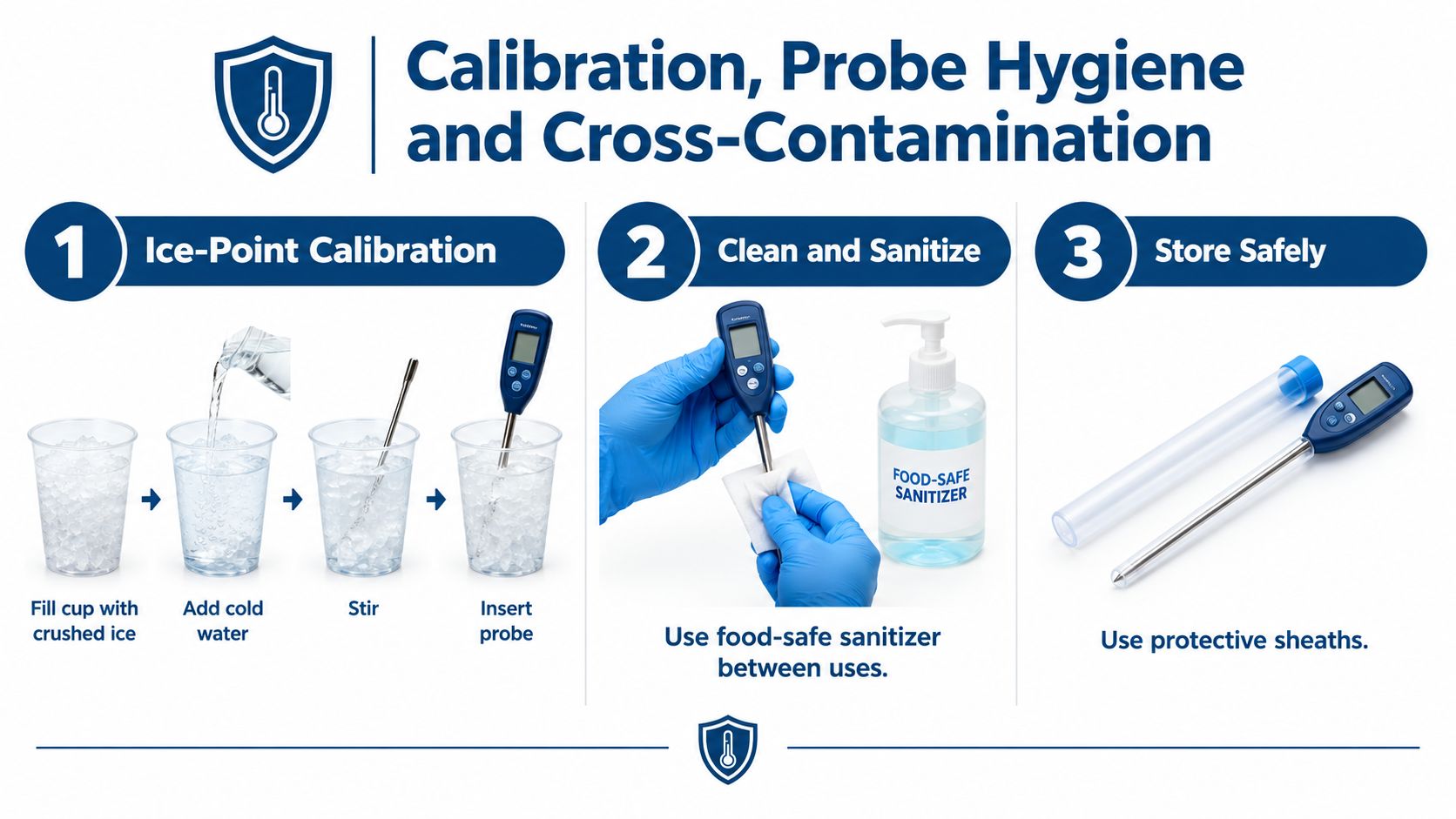 An infographic showing steps for digital cooking thermometer calibration, sanitization, and safe storage practices.