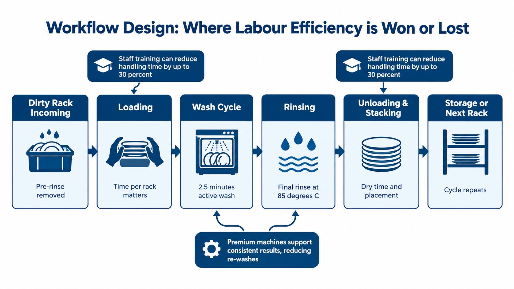 A workflow diagram illustrating steps for efficient commercial warewashing from loading to storage in a kitchen.