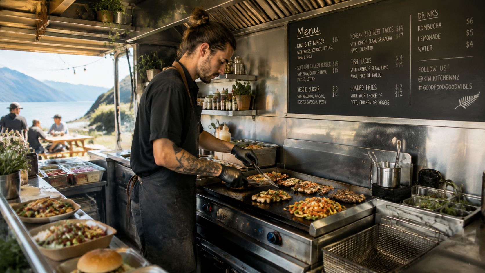 A tattooed chef prepares fresh food on a hot plate inside a food truck in New Zealand.