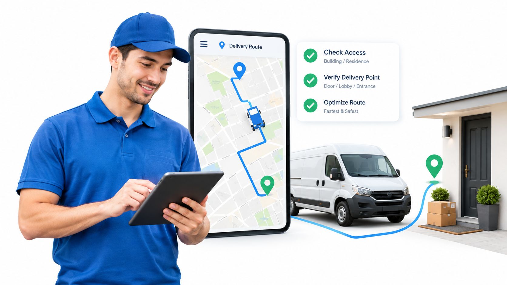 A delivery driver in a blue uniform using a tablet to manage an optimized route for package shipping.