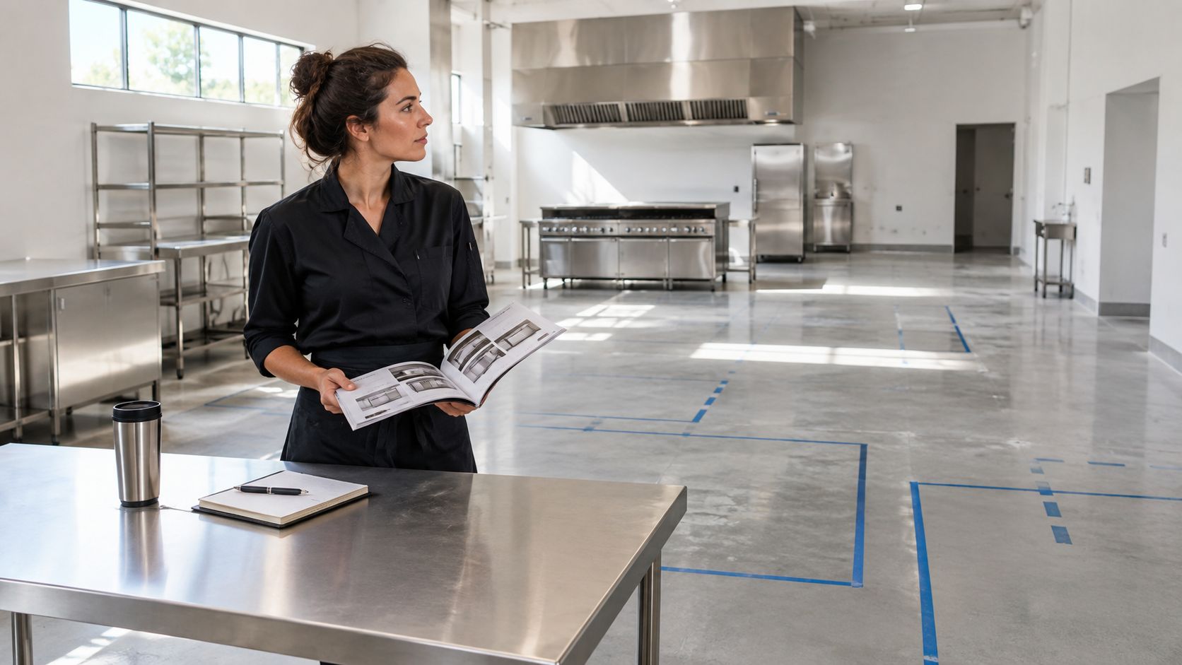 A female chef reviews design plans in an empty, professional stainless steel industrial kitchen under bright lighting.