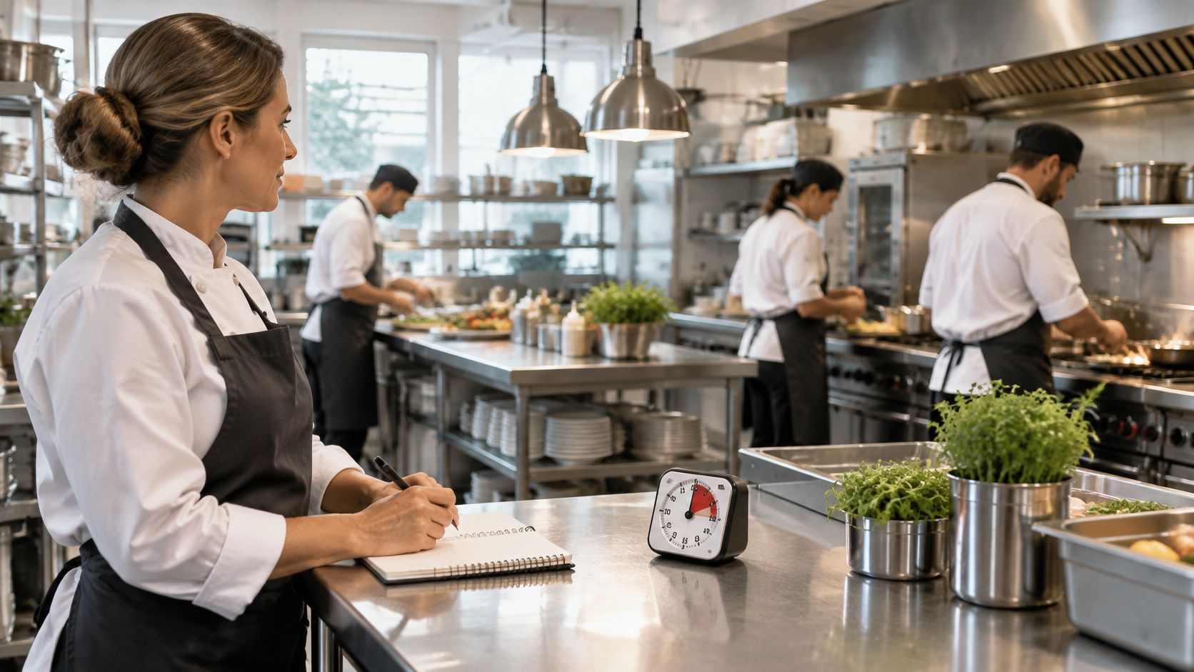 A professional chef oversees her kitchen staff while taking notes in a busy restaurant environment.