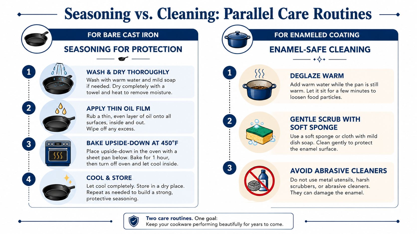 An infographic detailing step-by-step care routines for bare cast iron and enameled cookware maintenance.