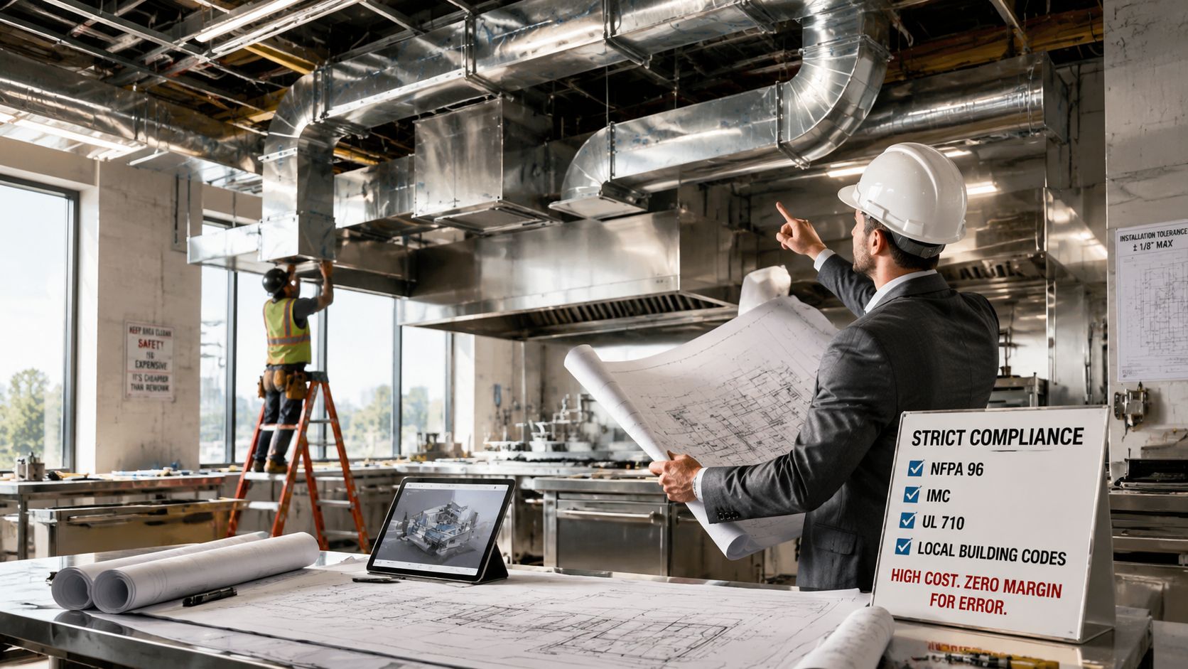 A professional construction engineer reviewing commercial kitchen blueprints while a worker installs ventilation equipment above.