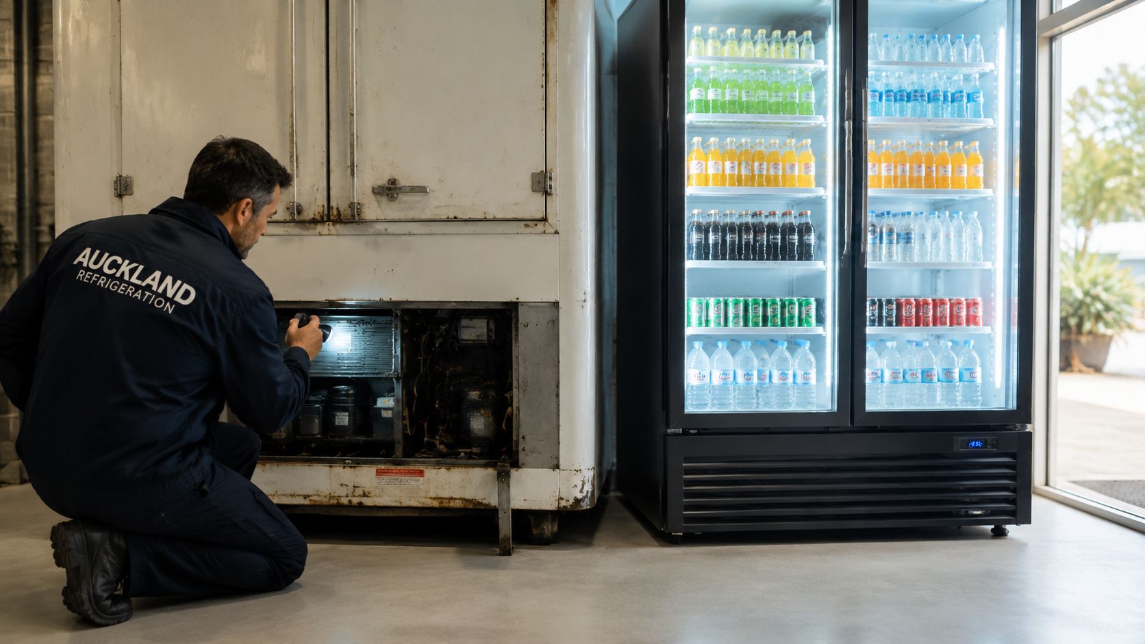A professional Auckland Refrigeration technician inspecting the mechanical components of a large industrial refrigerator unit.