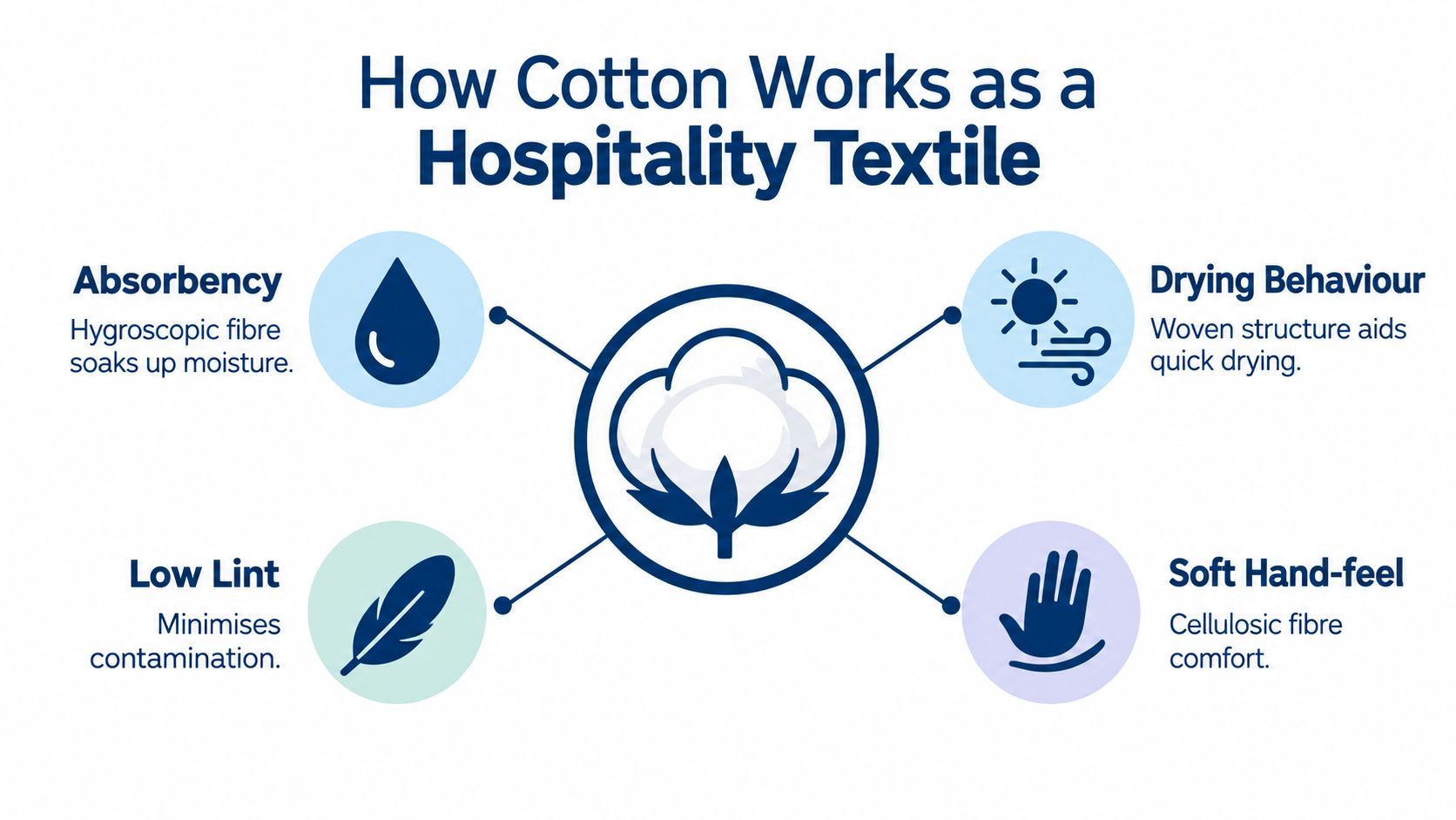 An infographic showing four key benefits of using cotton for hospitality textiles including absorbency, drying, comfort, and cleanliness.