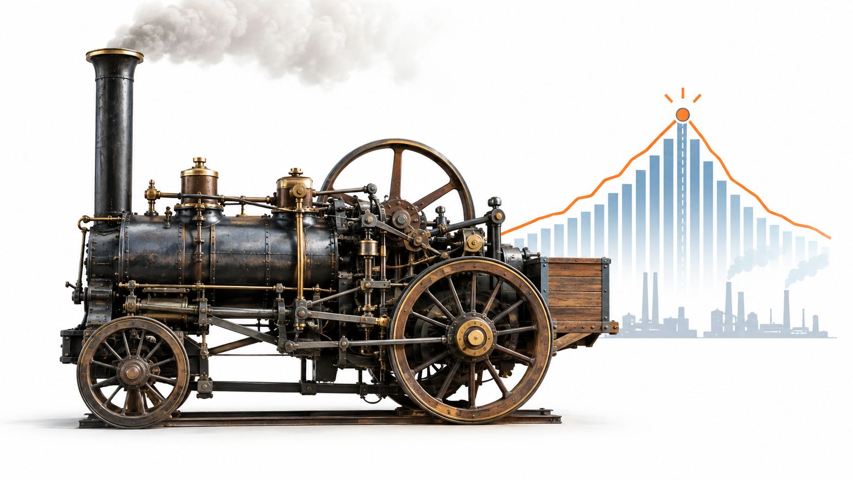 A vintage steam engine placed next to an industrial growth chart depicting rising productivity and manufacturing.