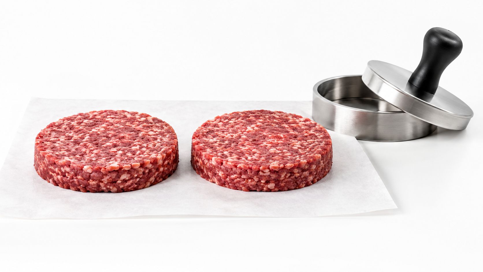 Two raw ground beef burger patties placed on parchment paper next to a stainless steel burger press.