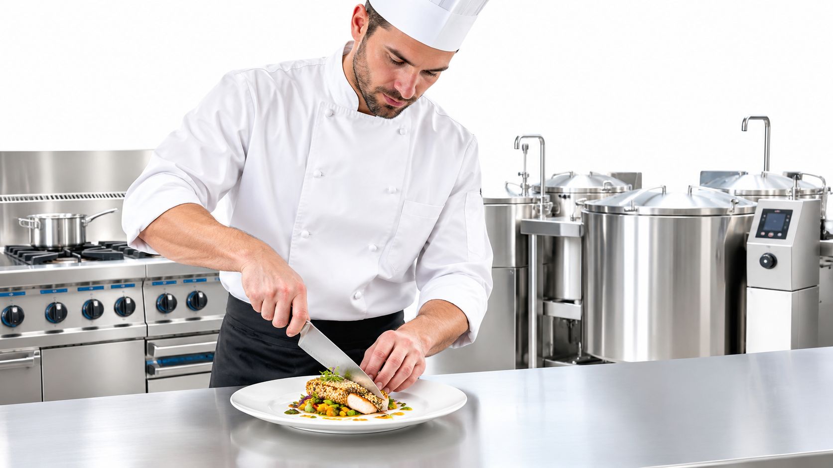 A professional chef meticulously slicing a gourmet fish dish in a modern commercial kitchen environment.