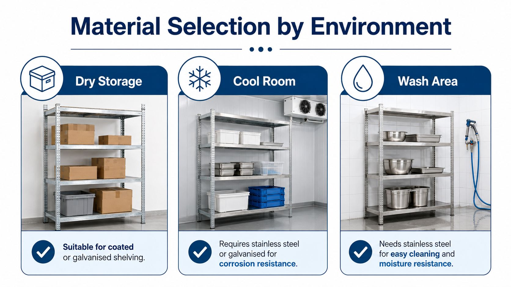 Three shelving units categorized for dry storage, cool rooms, and wash areas in commercial environments.