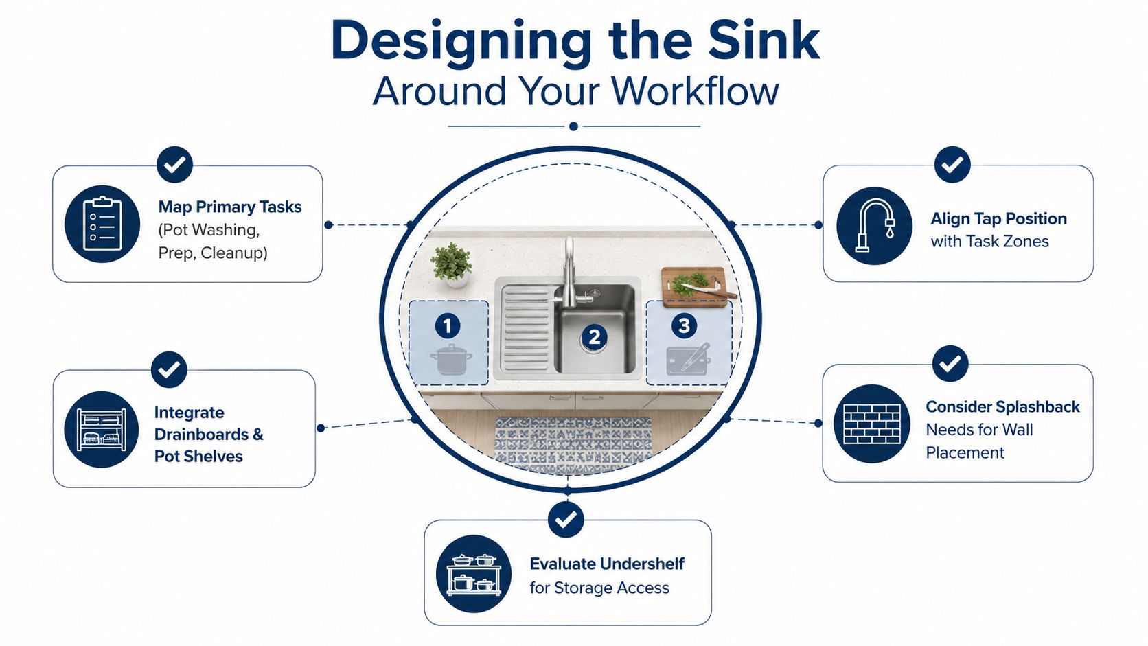 A diagram illustrating design considerations for kitchen sinks, including workflow, tap position, storage, and splashback areas.
