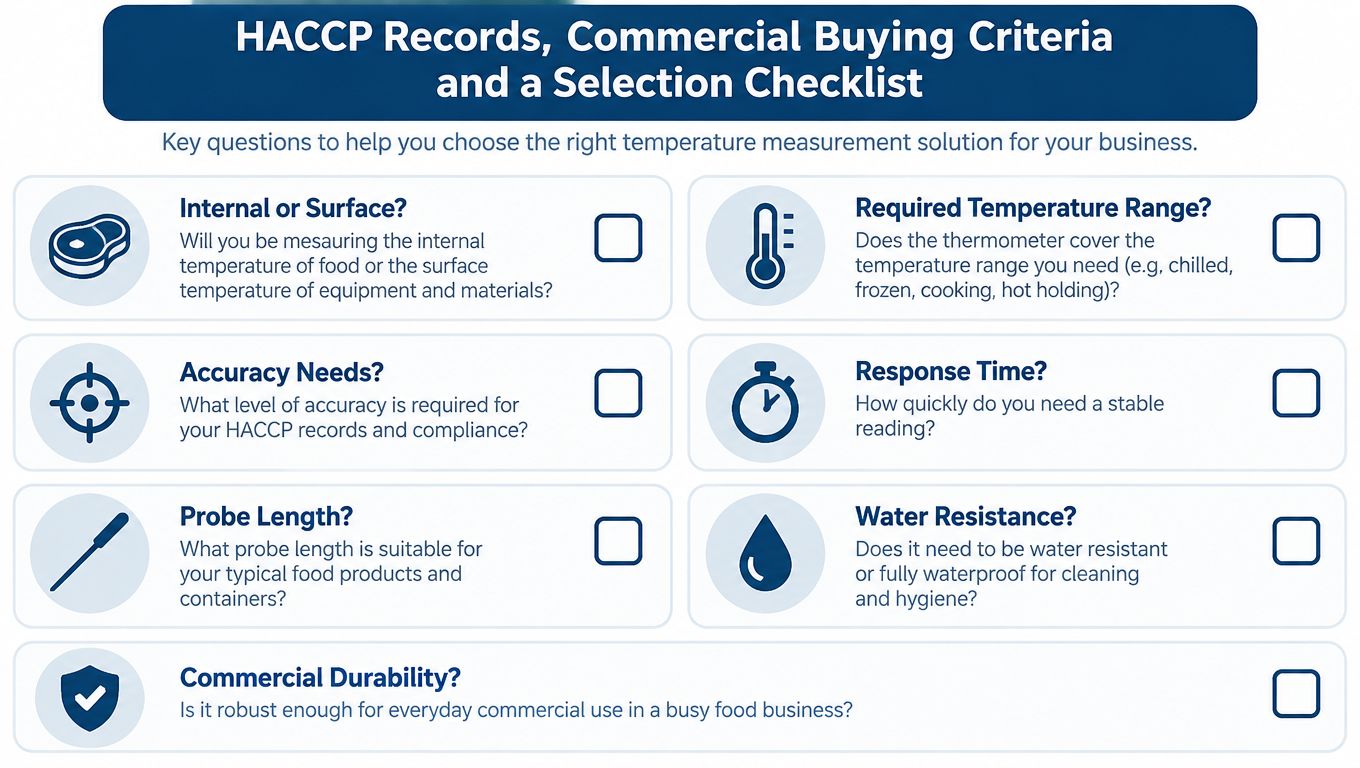 A checklist infographic titled HACCP Records and Commercial Buying Criteria for selecting professional food temperature thermometers.