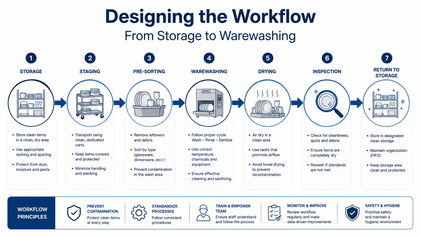 An infographic illustrating a seven-step commercial kitchen workflow from storage to warewashing and back to storage.