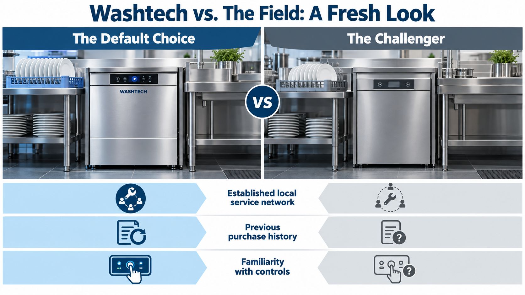 A comparative infographic showing Washtech as the established commercial dishwasher choice versus an unknown competitor challenger.