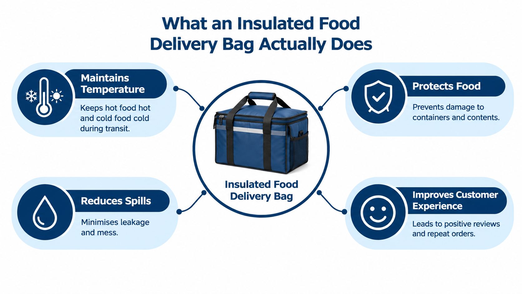 An infographic detailing the four key benefits of using an insulated food delivery bag for restaurant orders.