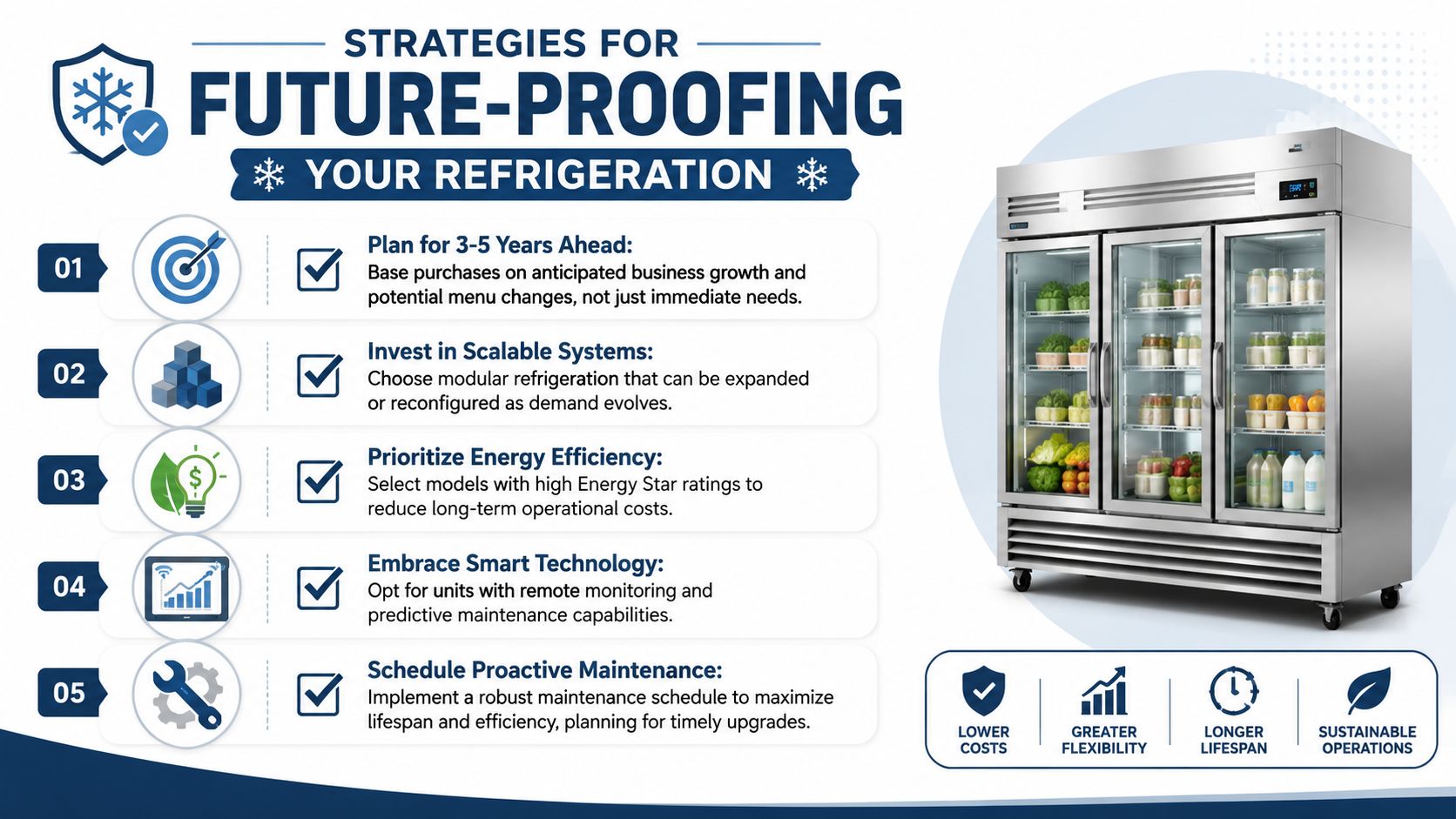 An infographic titled Strategies for Future-Proofing Your Refrigeration featuring a three-door commercial cooler and five tips for business owners.