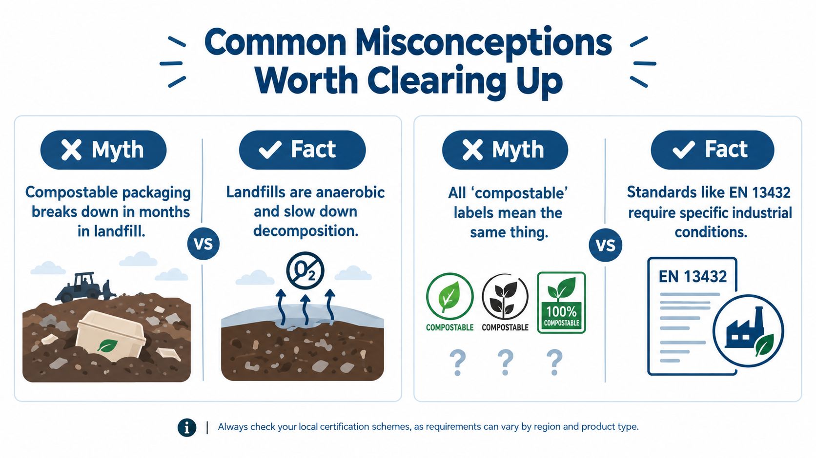 An infographic showing common misconceptions about compostable packaging regarding landfill decomposition and industrial certification standards.