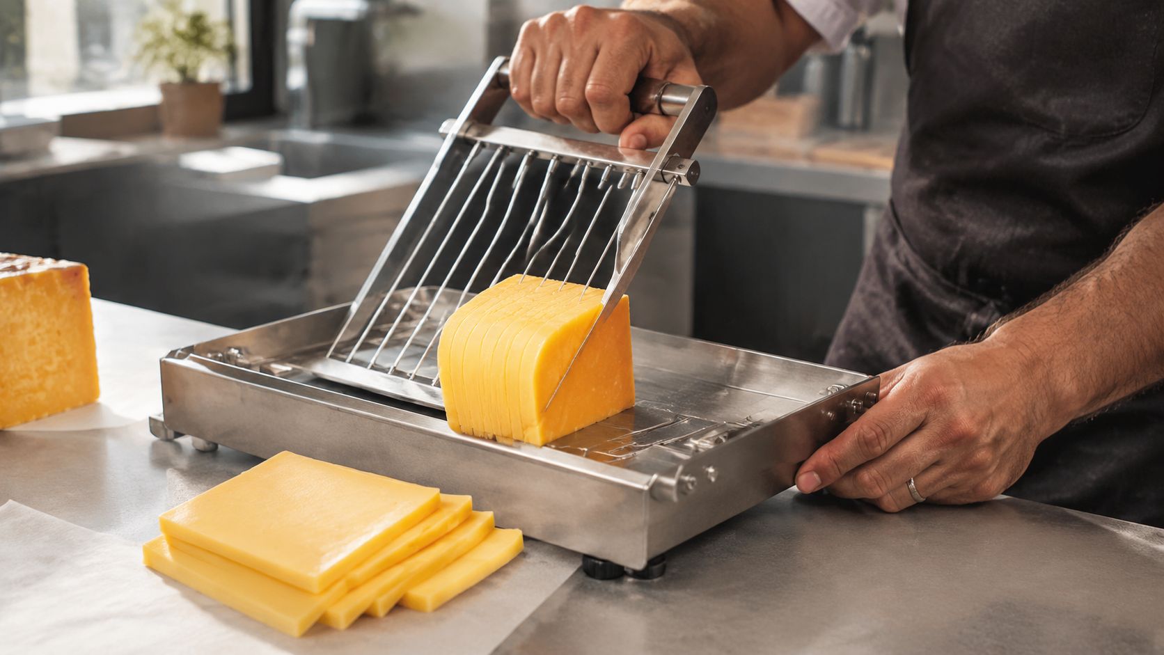A professional chef using a multi-wire industrial cheese slicer to cut a block of cheddar into uniform slices.