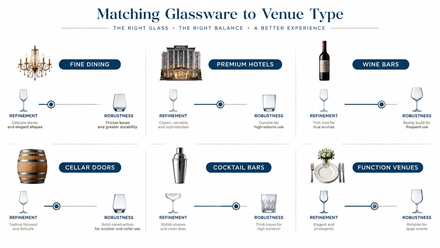 A guide matching glassware styles to various hospitality venues, balancing refinement and robust designs.