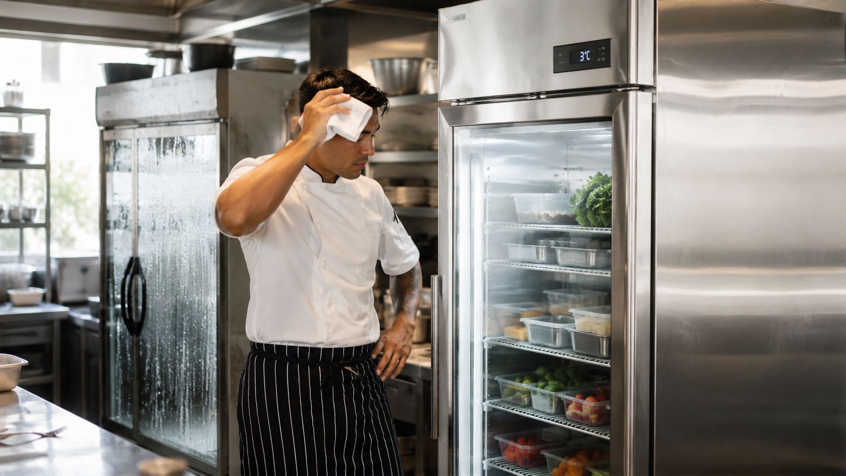 A professional chef wiping sweat from his forehead while standing near a commercial refrigerator in a kitchen.