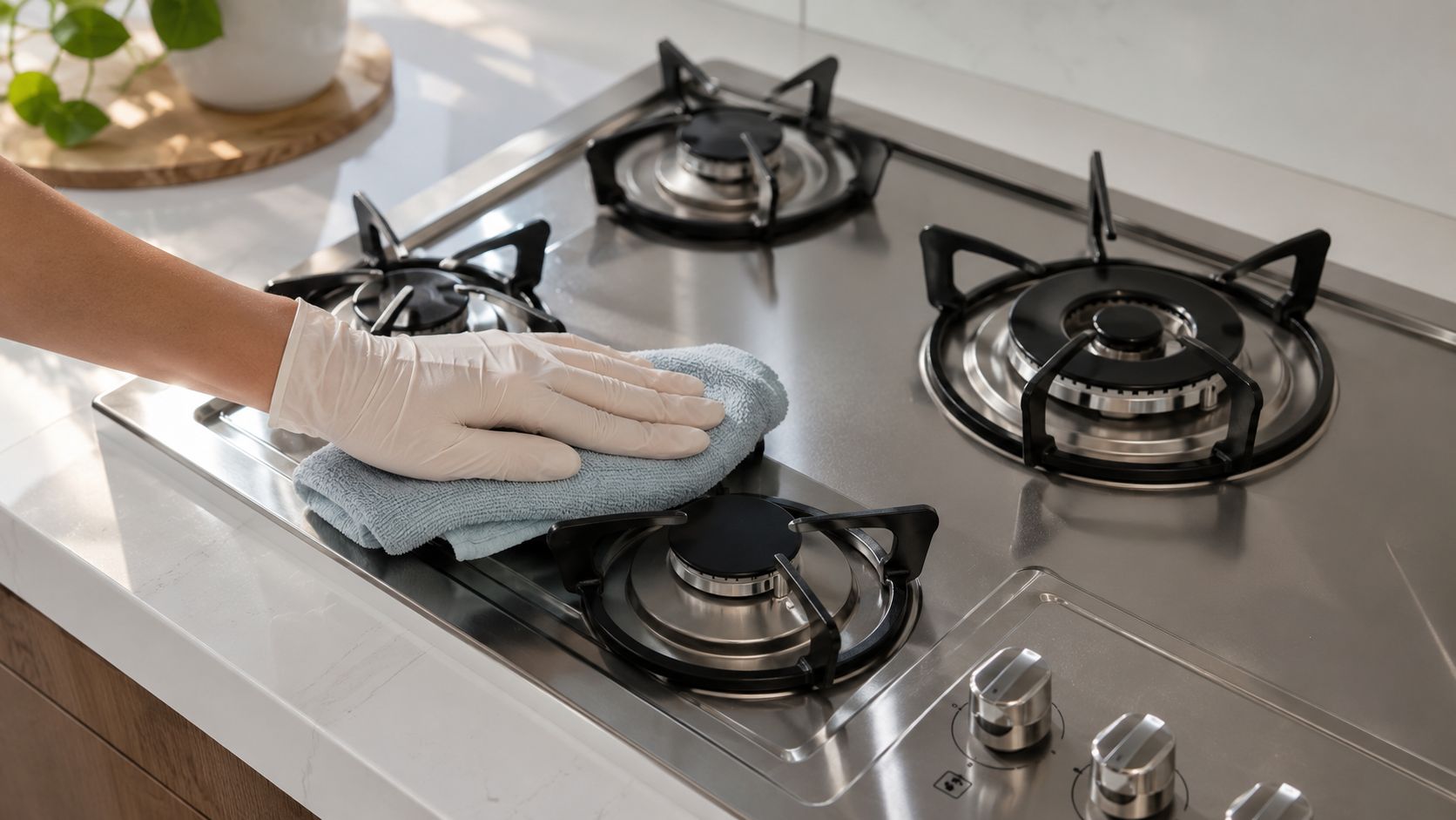 A person wearing a protective white glove cleaning a stainless steel gas cooktop with a cloth.
