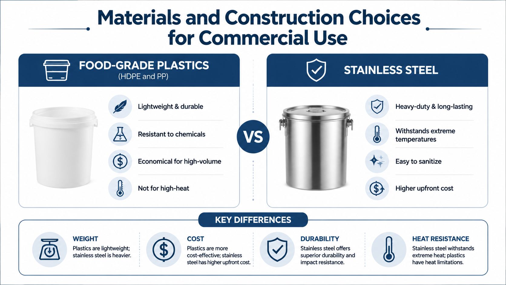 A comparison infographic between food-grade plastic buckets and stainless steel containers highlighting their respective features and differences.