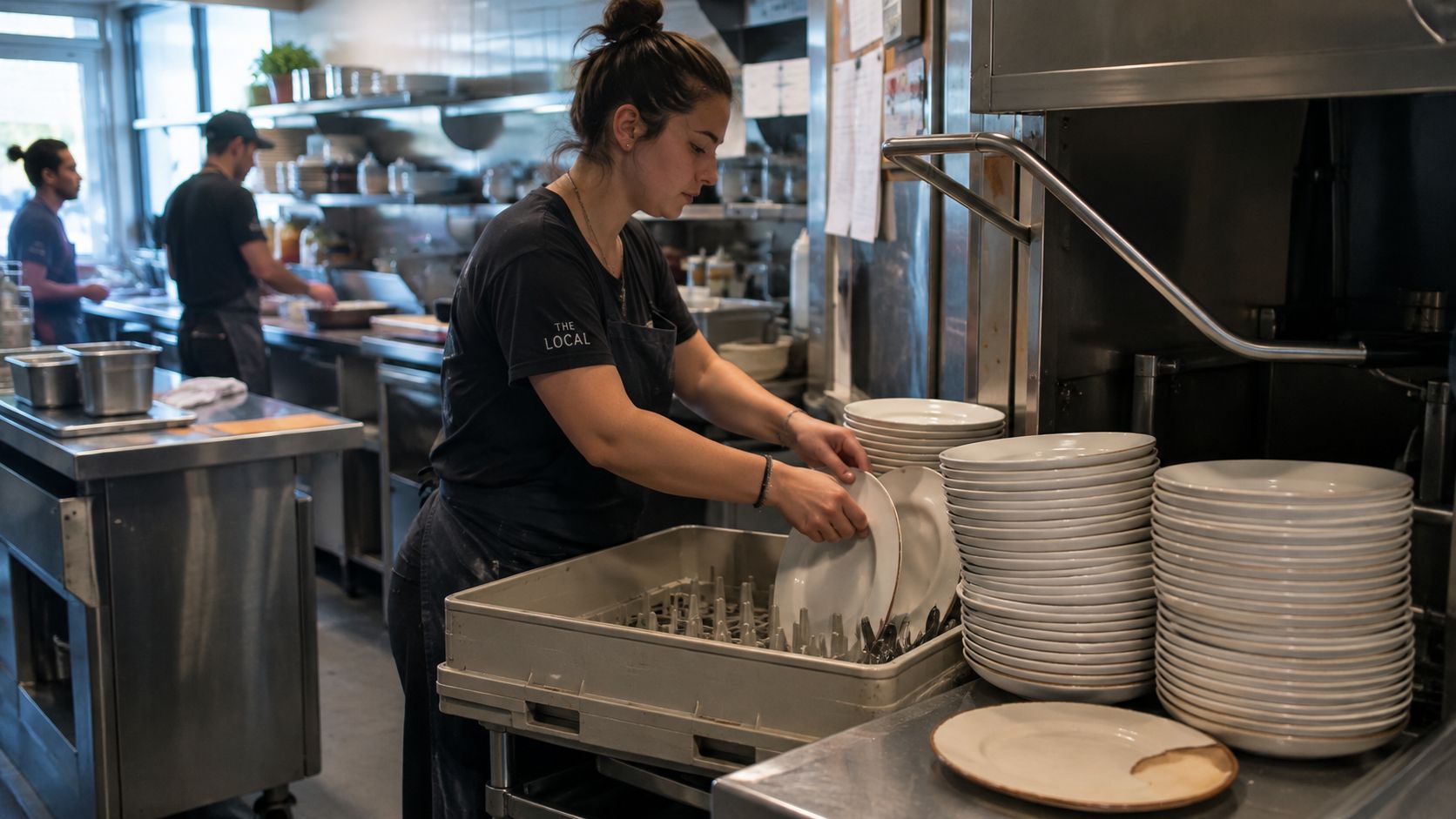 A kitchen worker in a black uniform stacking clean white plates into a commercial dishwasher rack.