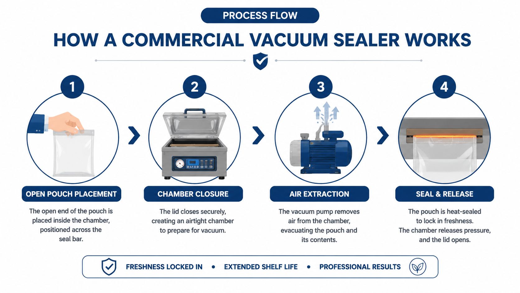 A four-step infographic explaining how a professional commercial vacuum sealer works to preserve food freshness.