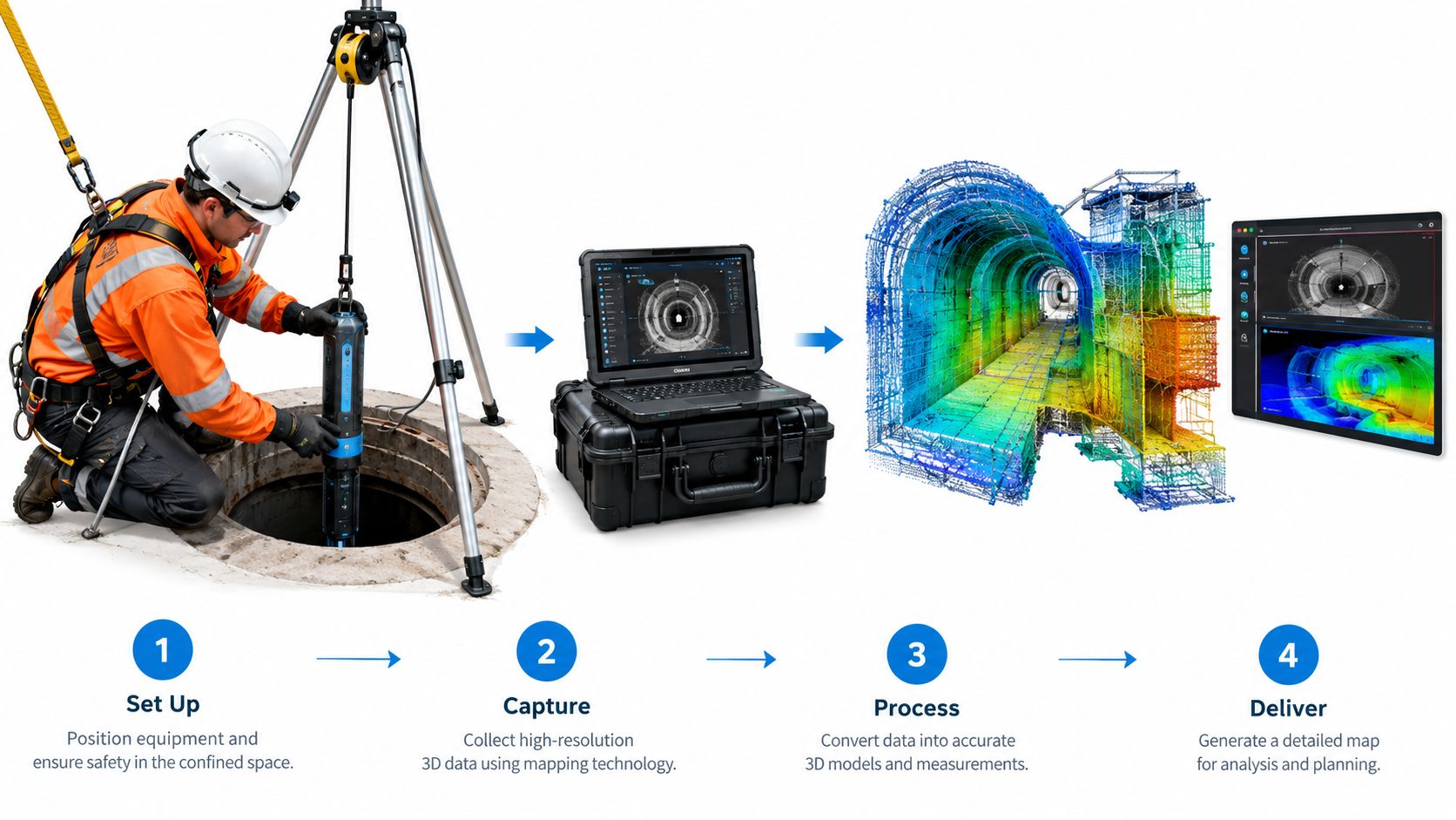 A construction worker setting up mapping equipment to capture 3D underground tunnel data for processing and delivery.