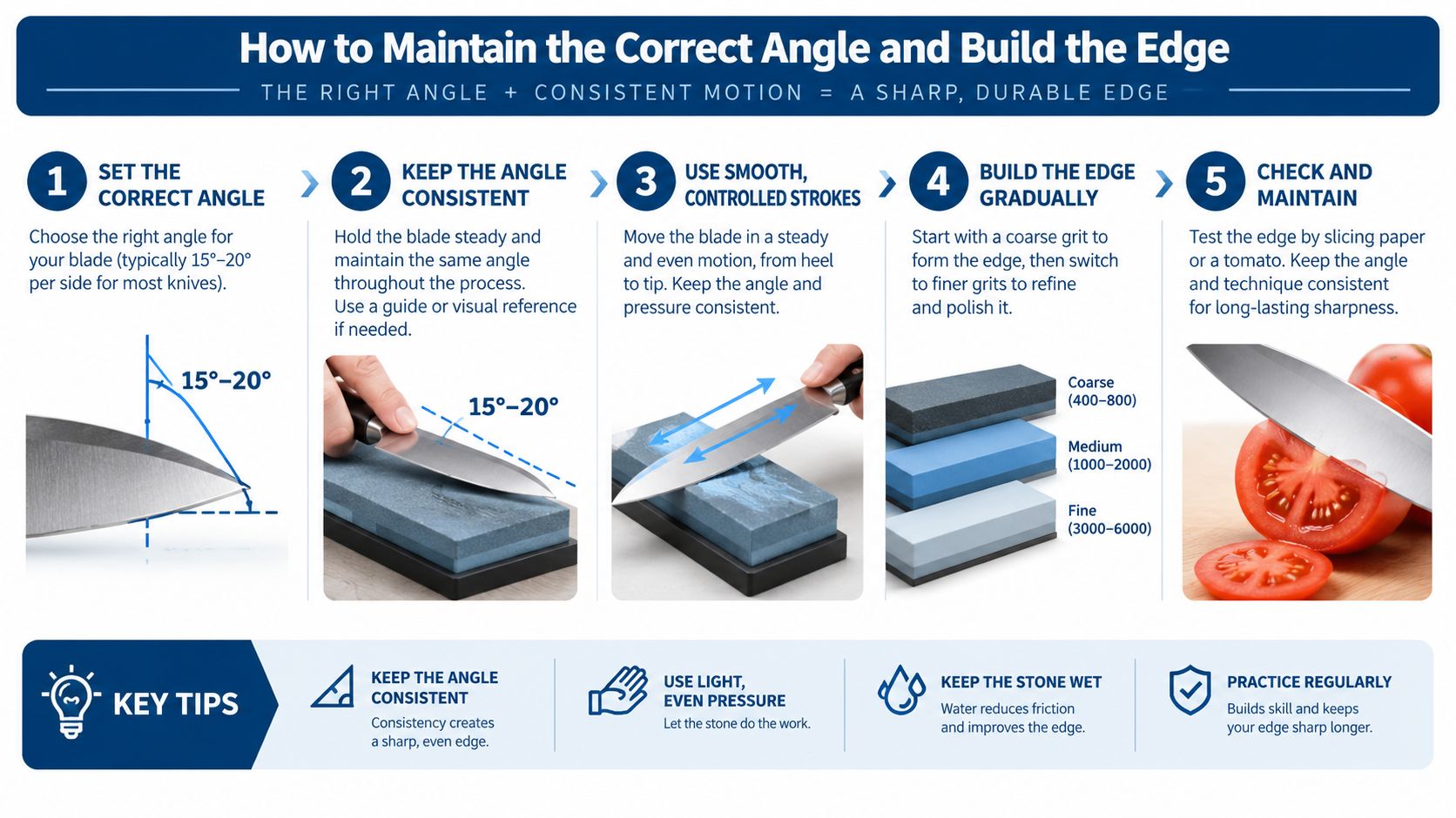 An instructional infographic detailing the five steps to properly sharpen a kitchen knife using a whetstone.