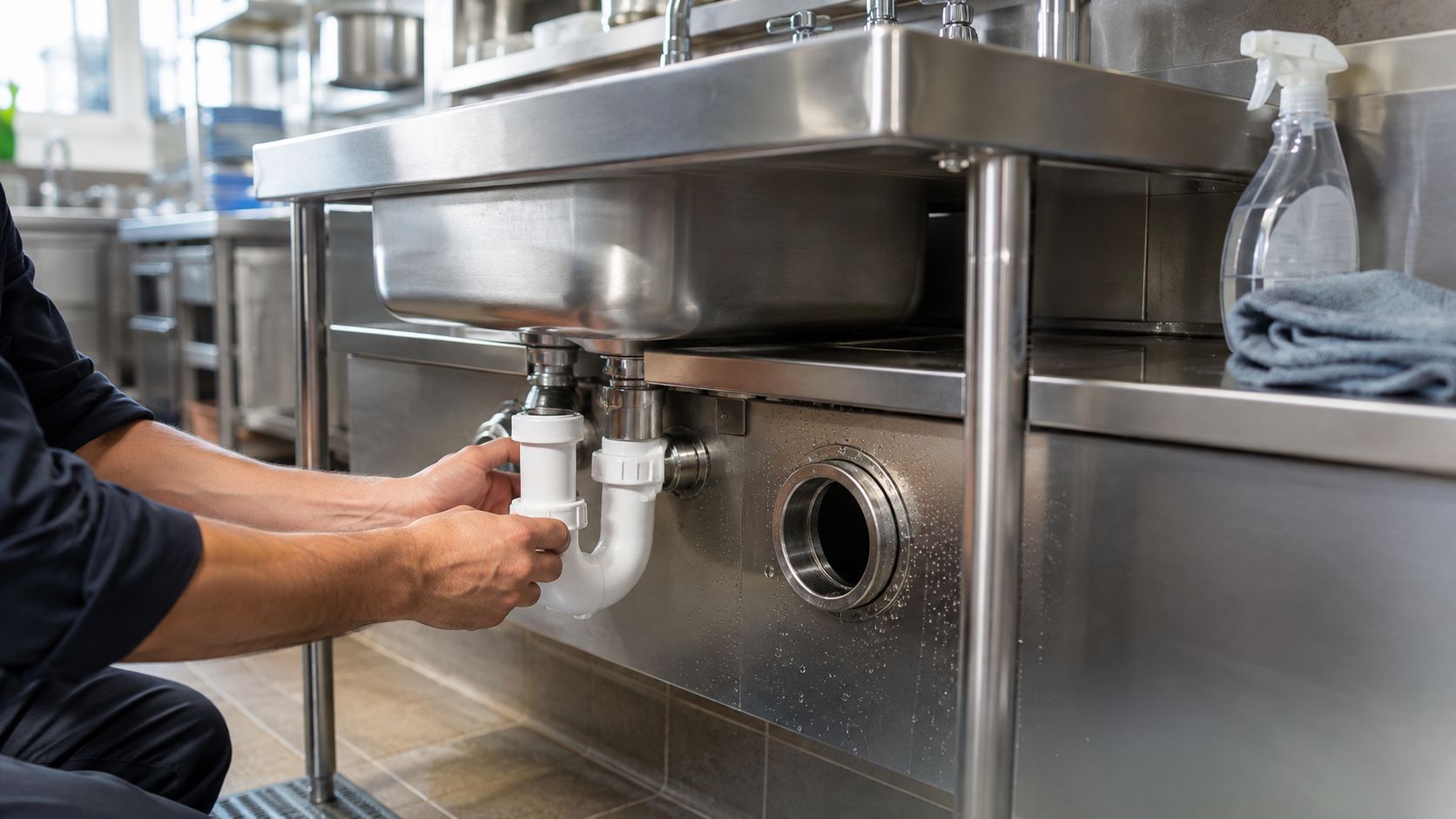 A professional plumber installing white plastic P-trap pipes under a large stainless steel commercial kitchen sink.