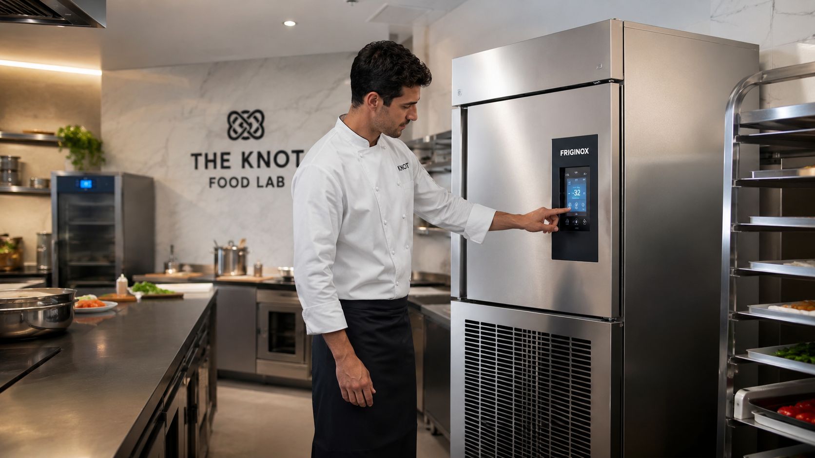 A professional chef in a white uniform operates a modern Friginox blast chiller in a commercial kitchen.
