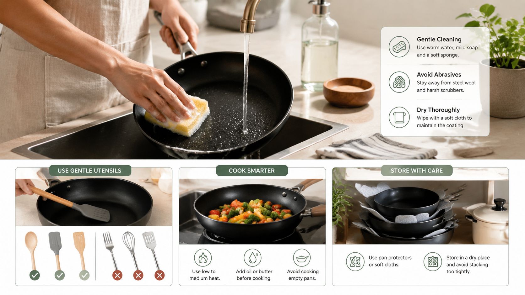 An informative infographic demonstrating the proper care, cleaning, and usage techniques for non-stick frying pans.