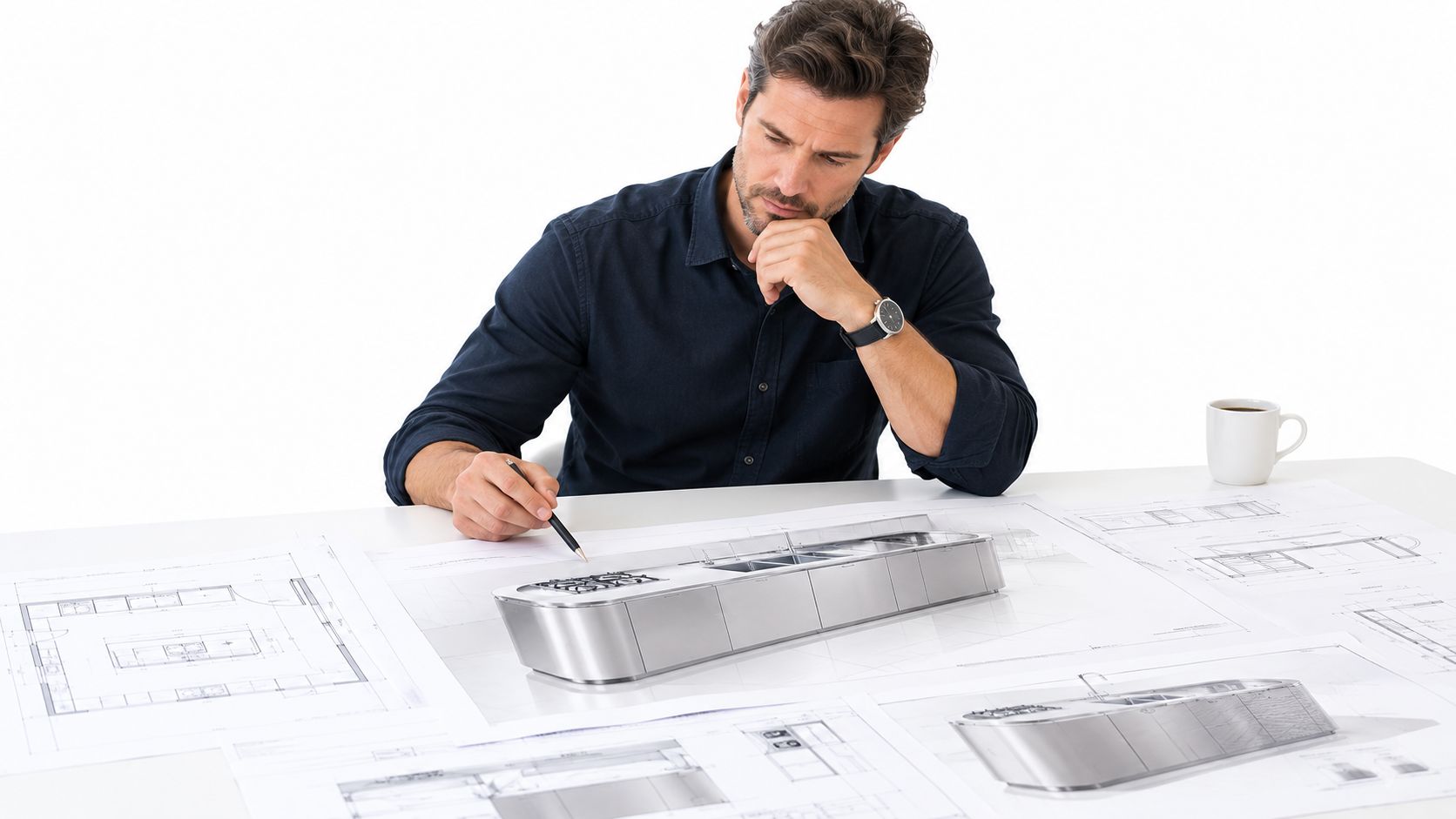 A professional male architect in a dark shirt reviews architectural kitchen island blueprints on a white desk.
