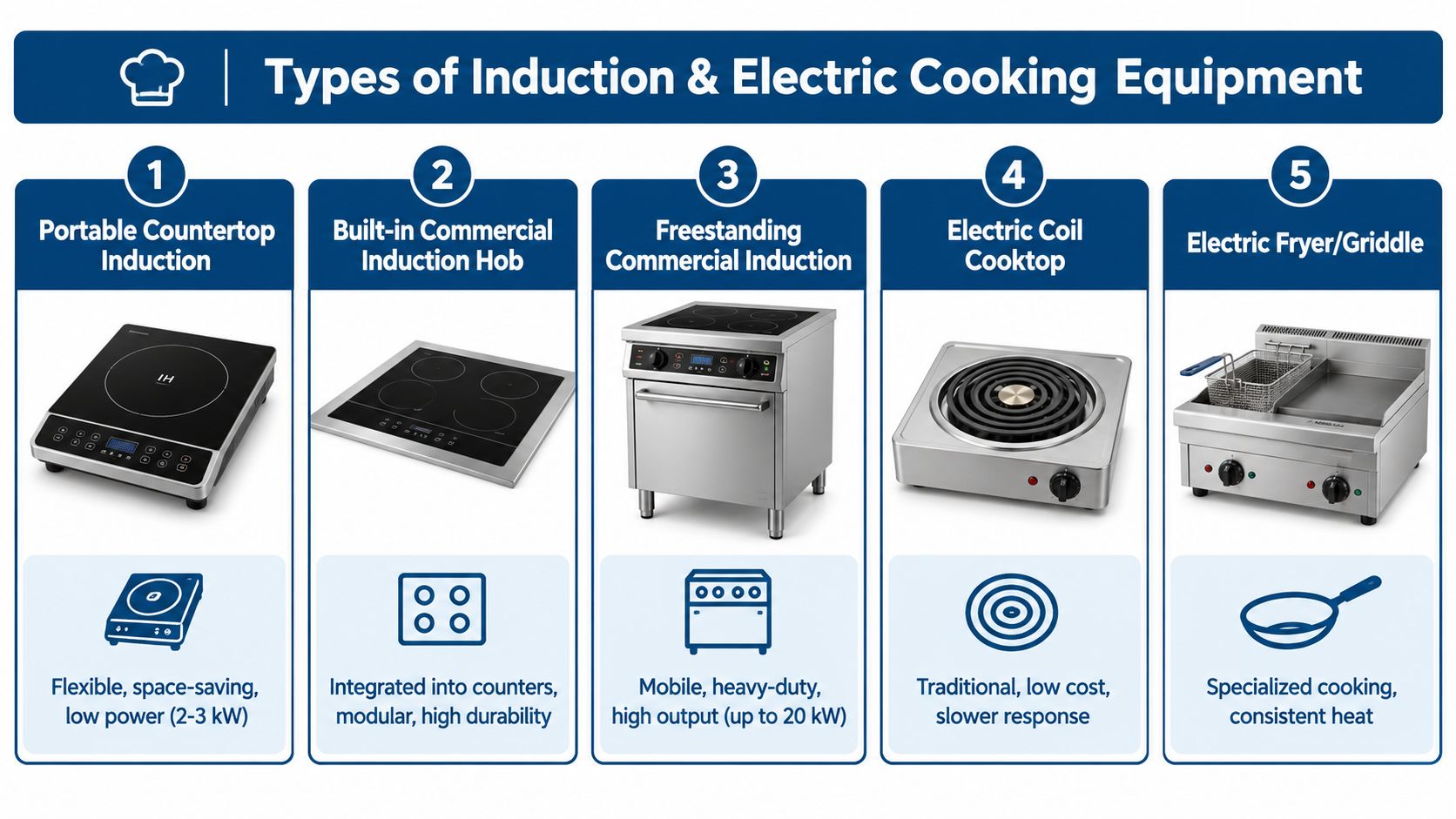 An infographic illustrating five different types of induction and electric cooking equipment for commercial kitchens.
