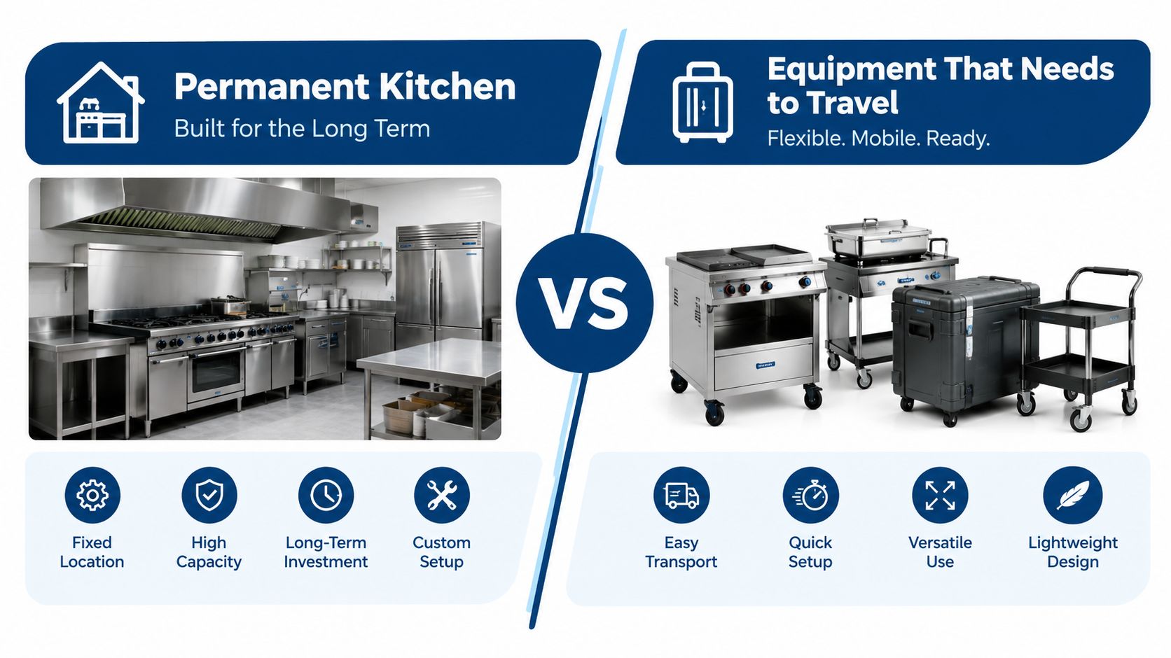 A comparison graphic showing a permanent commercial kitchen versus mobile, travel-ready catering equipment and portable workstations.