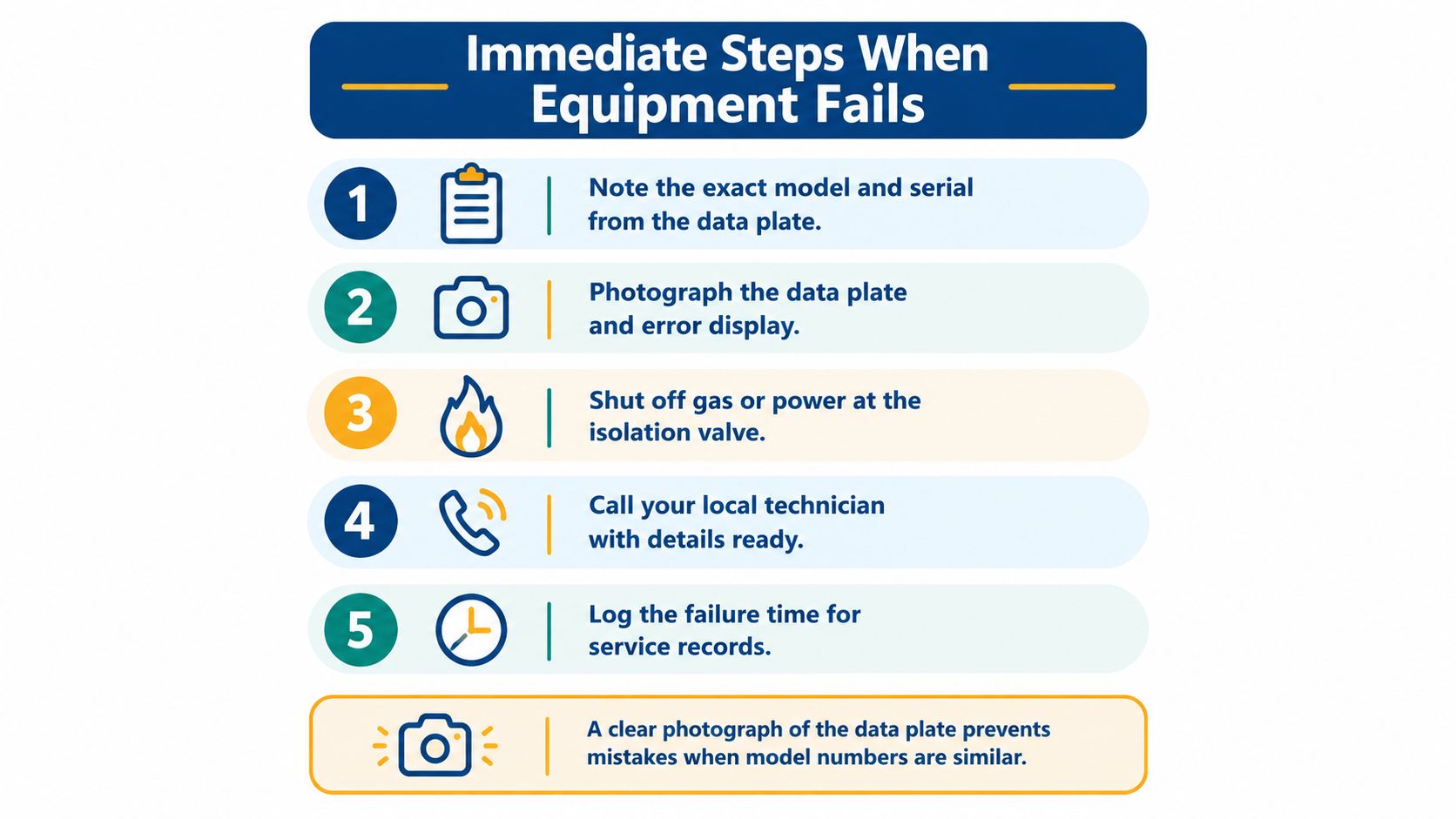 An instructional graphic detailing five immediate steps to take when commercial kitchen equipment fails or breaks down.