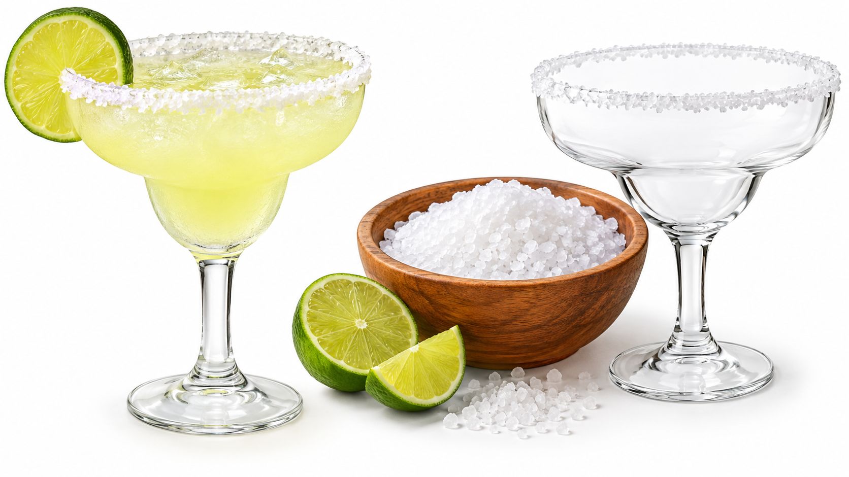 A filled margarita glass and an empty one with salt rims next to a bowl of salt.