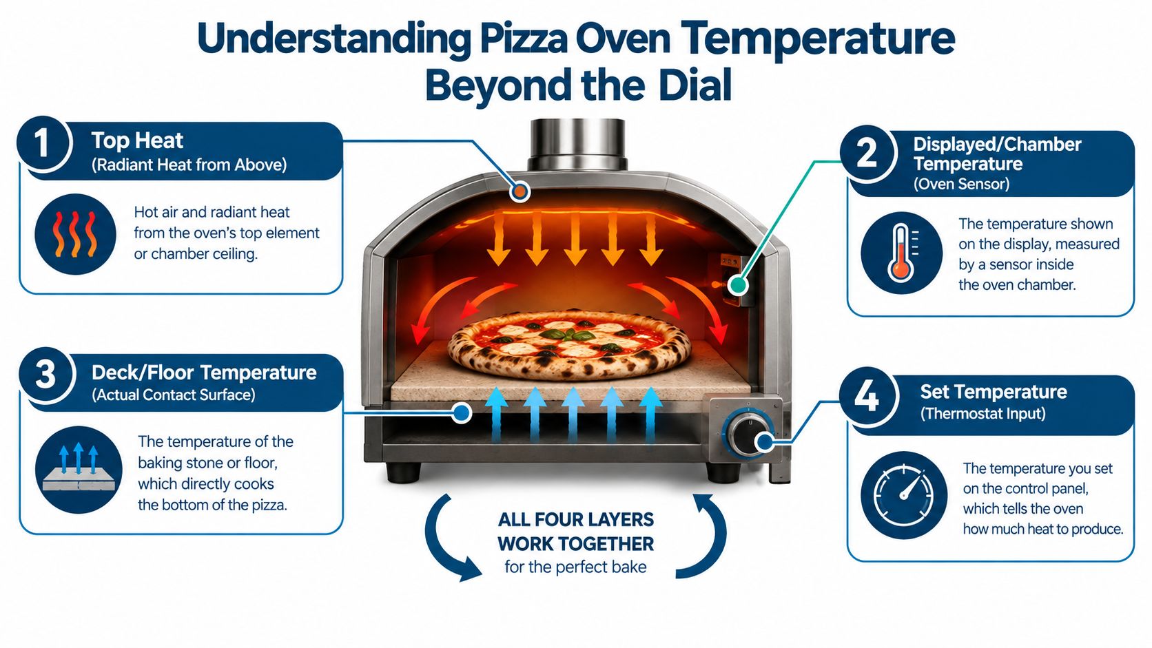 A diagram explaining the four key heat factors involved in achieving the perfect pizza oven temperature.